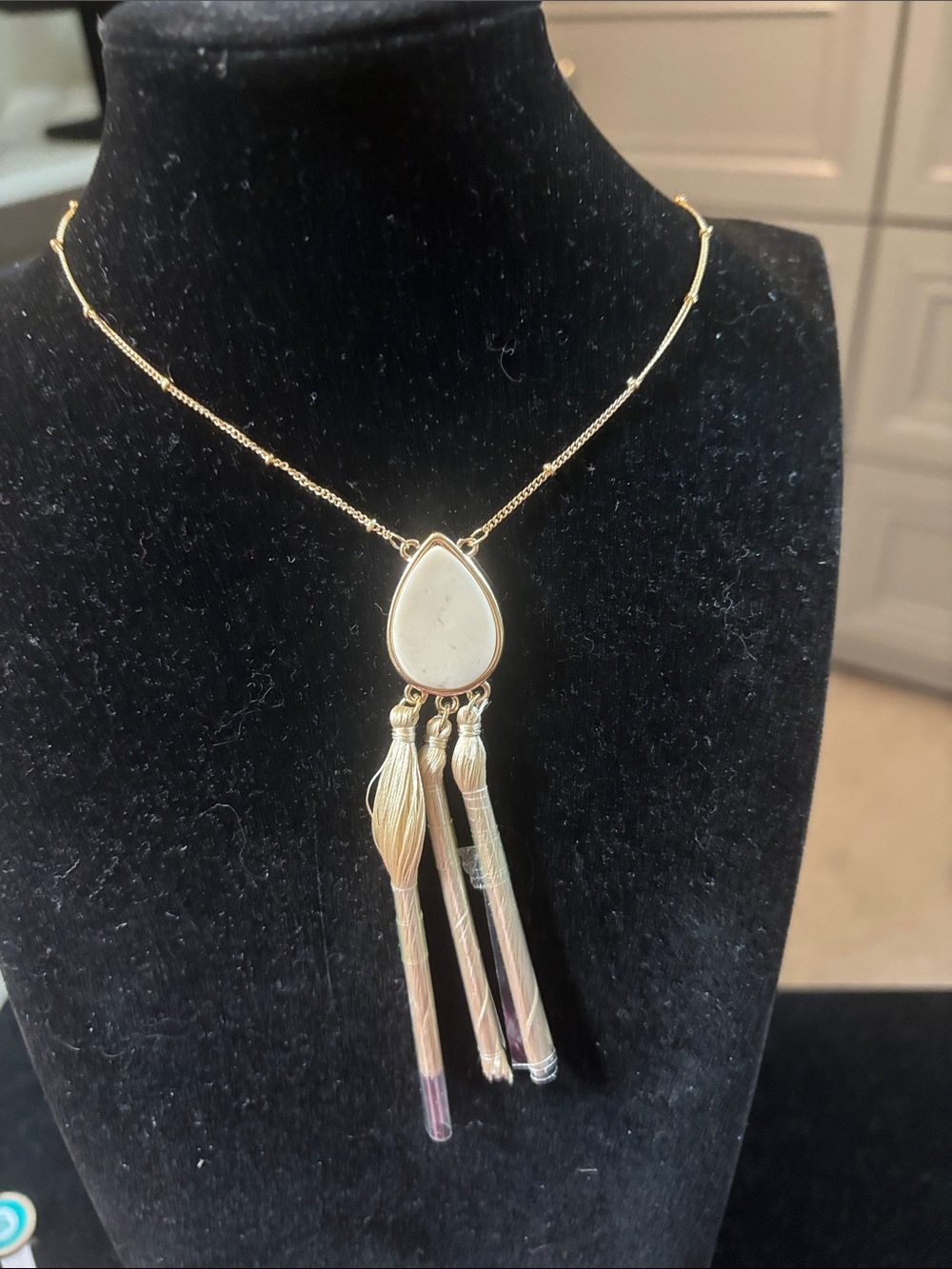 Gold Teardrop Stone Pendant Necklace with Tassel Drops - White Stone